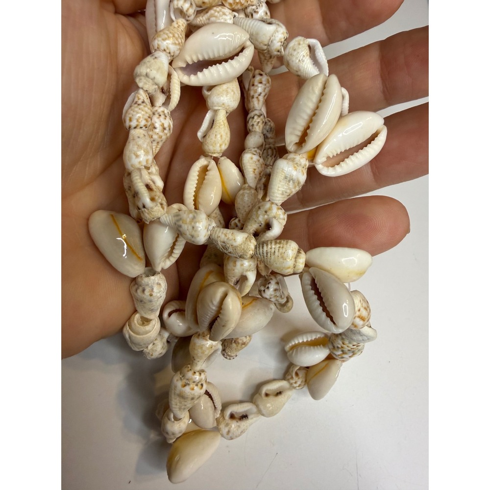 Natural Cowrie Shell Strand Necklace White Tan Bohemian Beach Jewelry 30 Inch